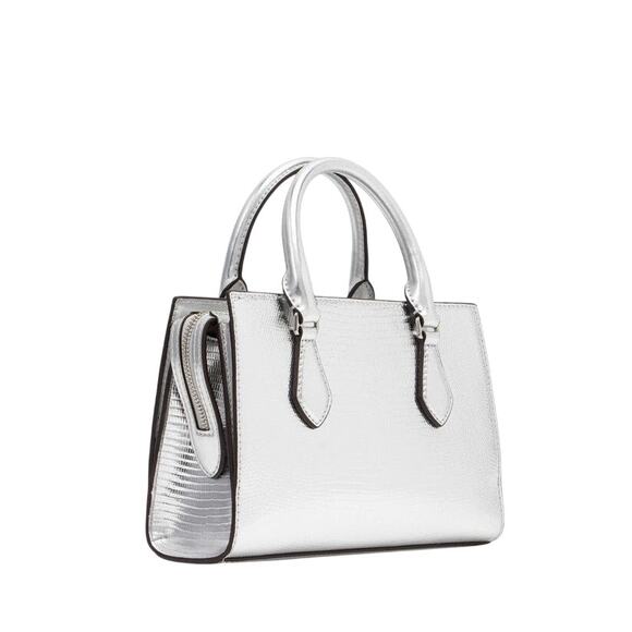 MICHAEL KORS Sheila Small Satchel Handbag Crossbody Embossed Purse Silver NWT - Picture 7 of 10